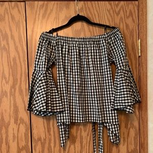 Off the Shoulder Plaid Blouse